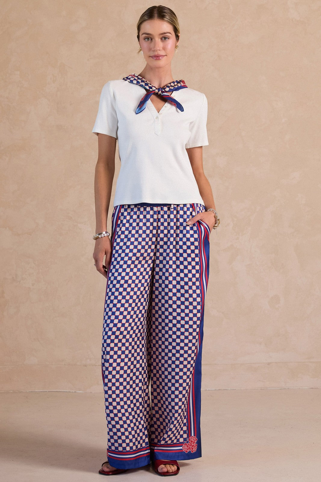 blue and white checkerboard Palazzo Pants
