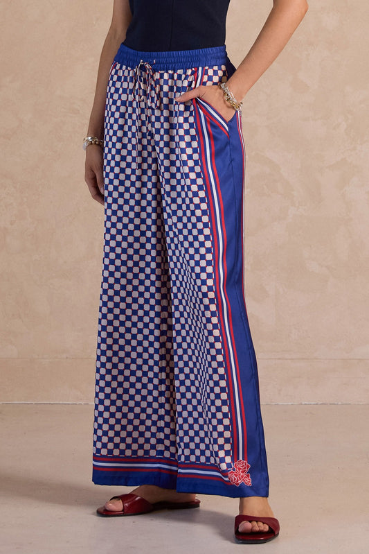 blue and white checkerboard Palazzo Pants