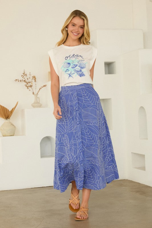  Printed Poplin Midi Skirt features a flattering A-line silhouette and full button-front design 