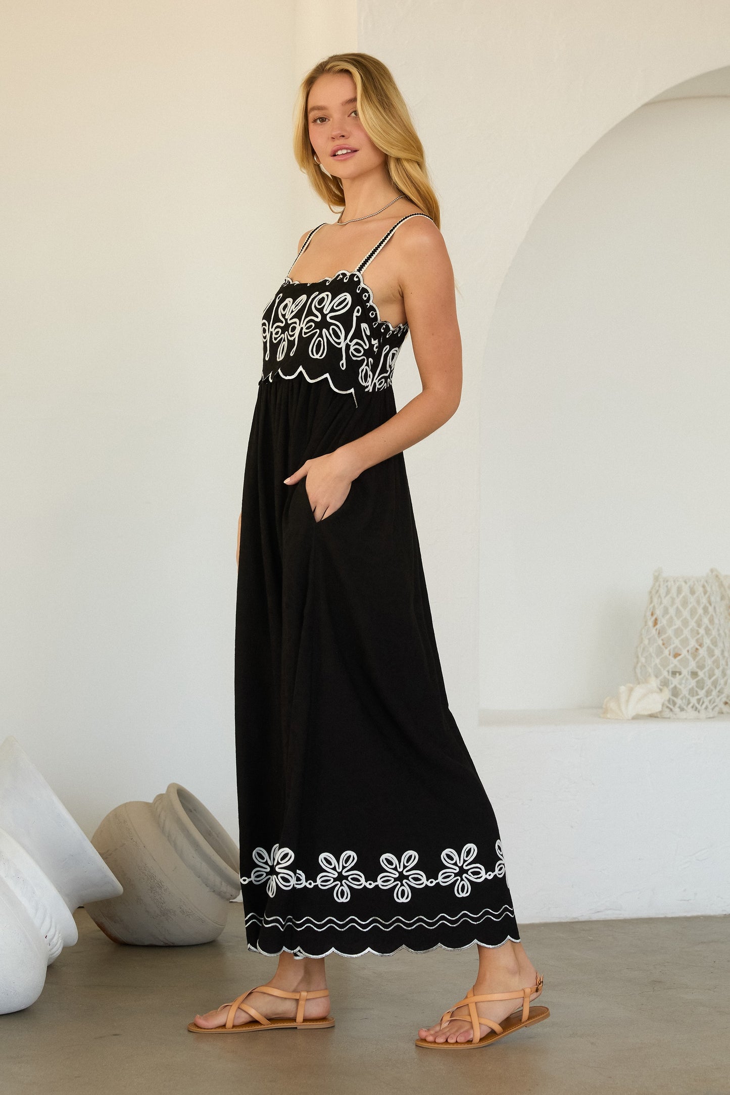 Cotton maxi dress with intricate embroidery and contrast detailing