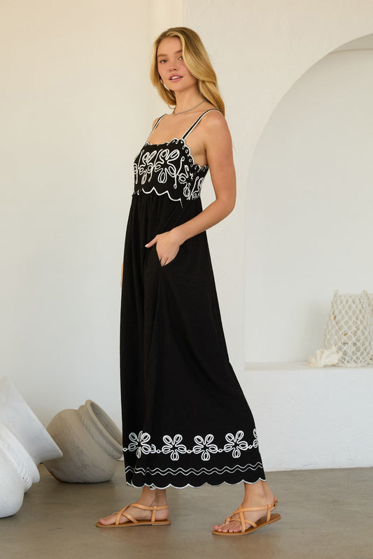 Cotton maxi dress with intricate embroidery and contrast detailing