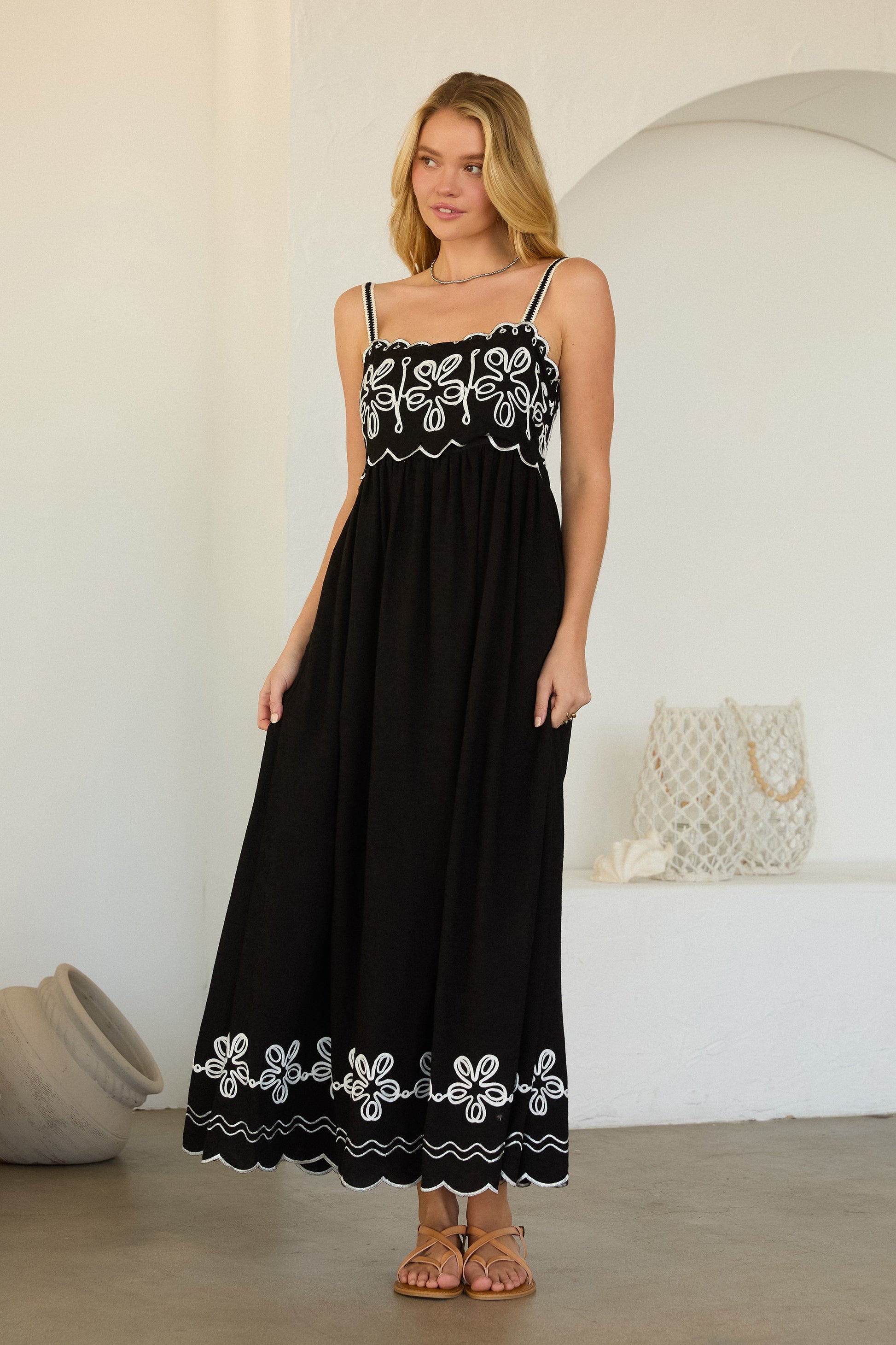Cotton maxi dress with intricate embroidery and contrast detailing