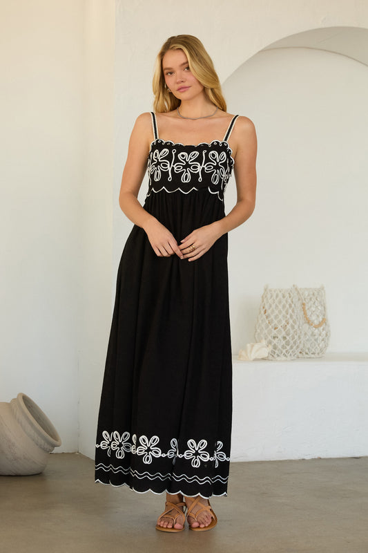 Cotton maxi dress with intricate embroidery and contrast detailing
