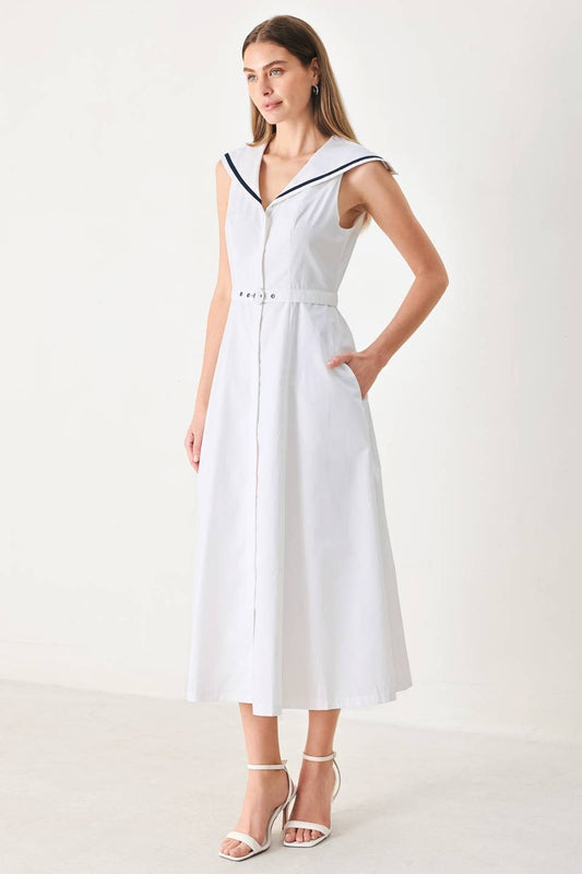 Marlowe Sailor Collar Belted Midi Dress