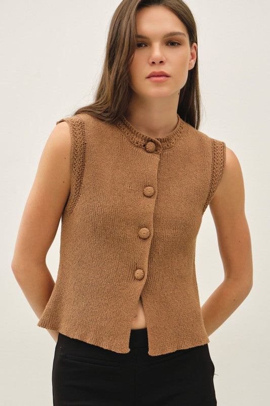 Delilah Crochet Trim Button-Up Sweater Vest