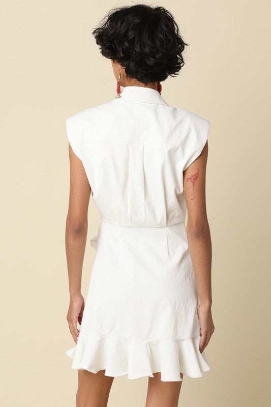 wrap mini dress featuring soft draping and a feminine ruffle hem