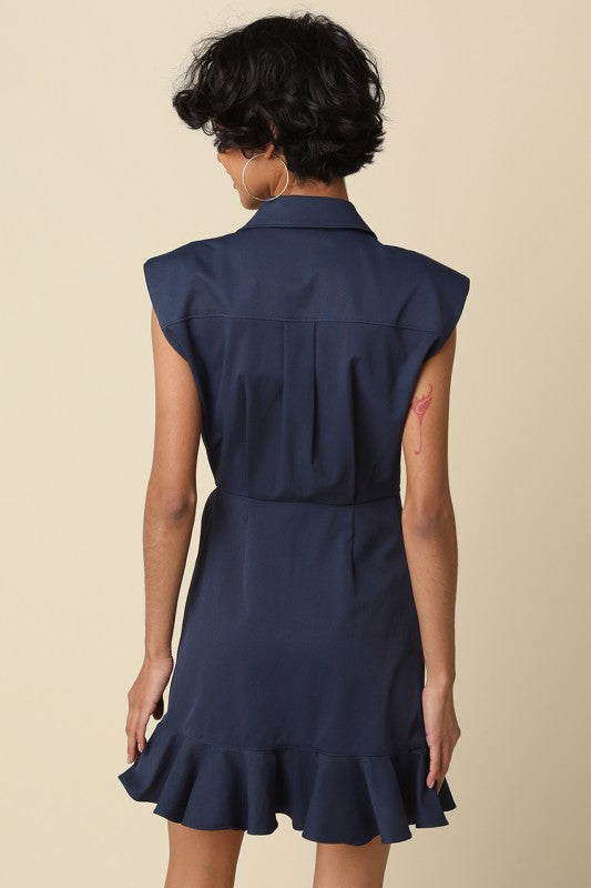 wrap mini dress featuring soft draping and a feminine ruffle hem