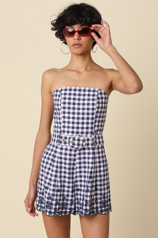 The Tessa Strapless Gingham Romper