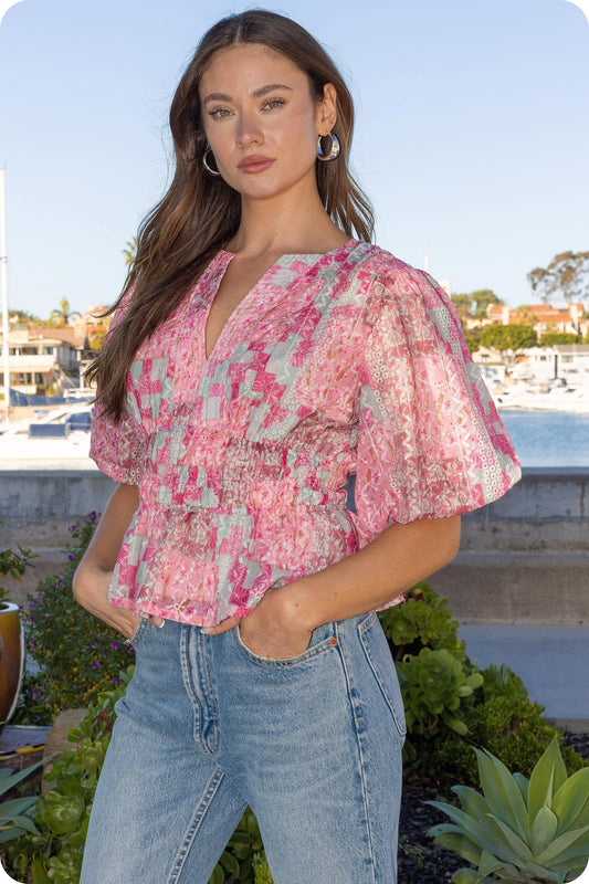 Alisa Patchwork Floral Eyelet Peplum Blouse