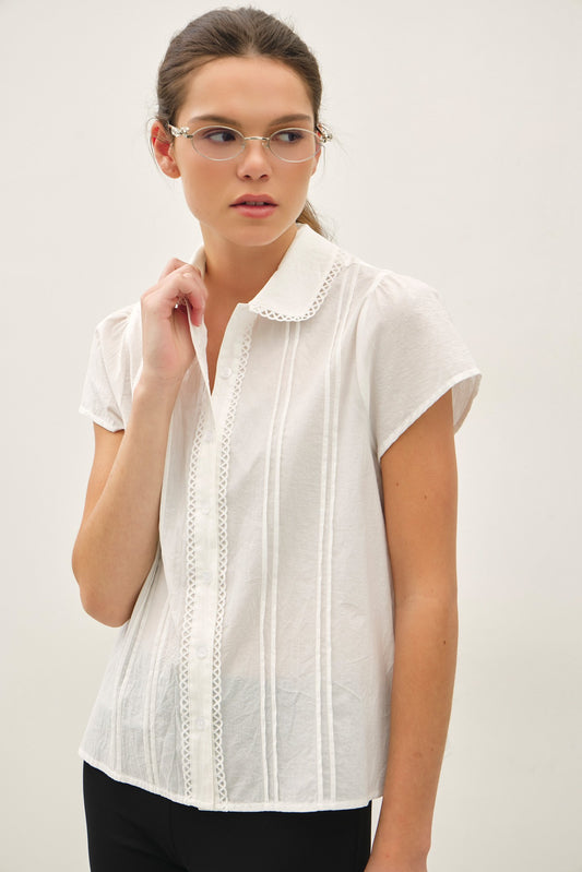 cotton voile blouse featuring lace trim and delicate pintuck detailing