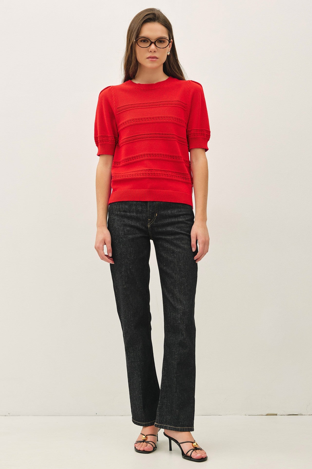 Lila Crochet Stripe Puff Sleeve Sweater Top