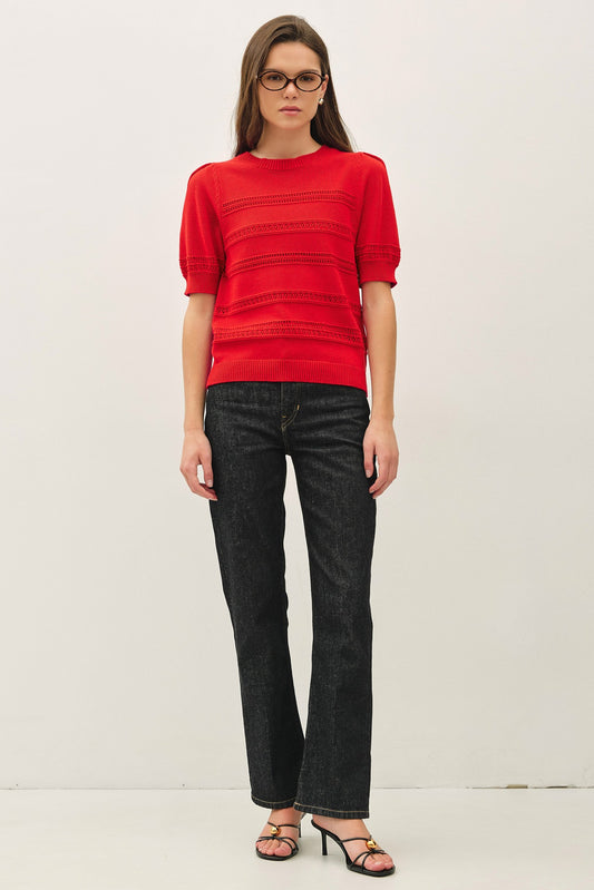 Lila Crochet Stripe Puff Sleeve Sweater Top