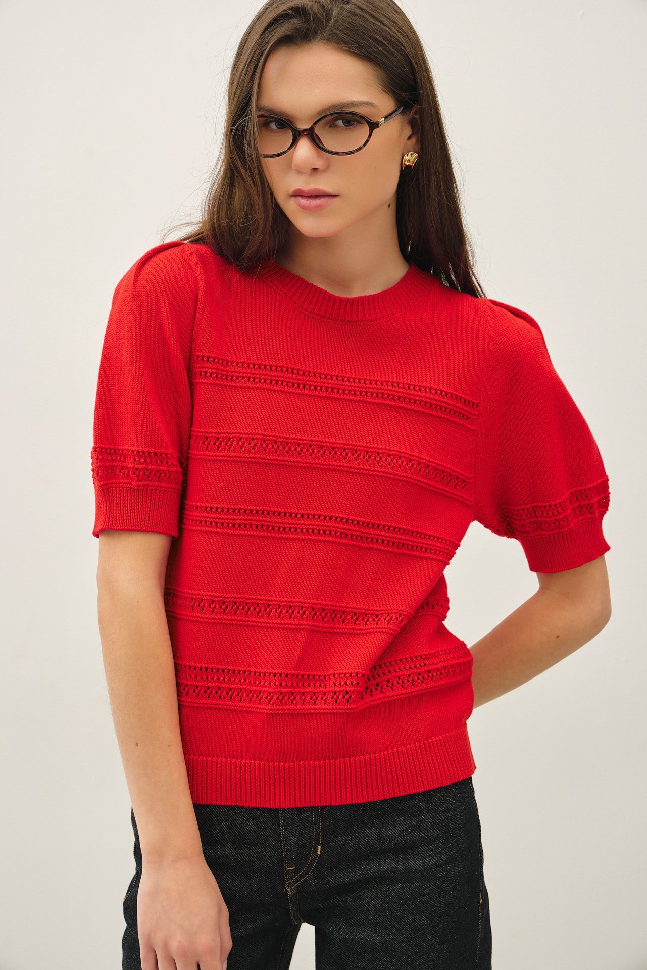 Lila Crochet Stripe Puff Sleeve Sweater Top