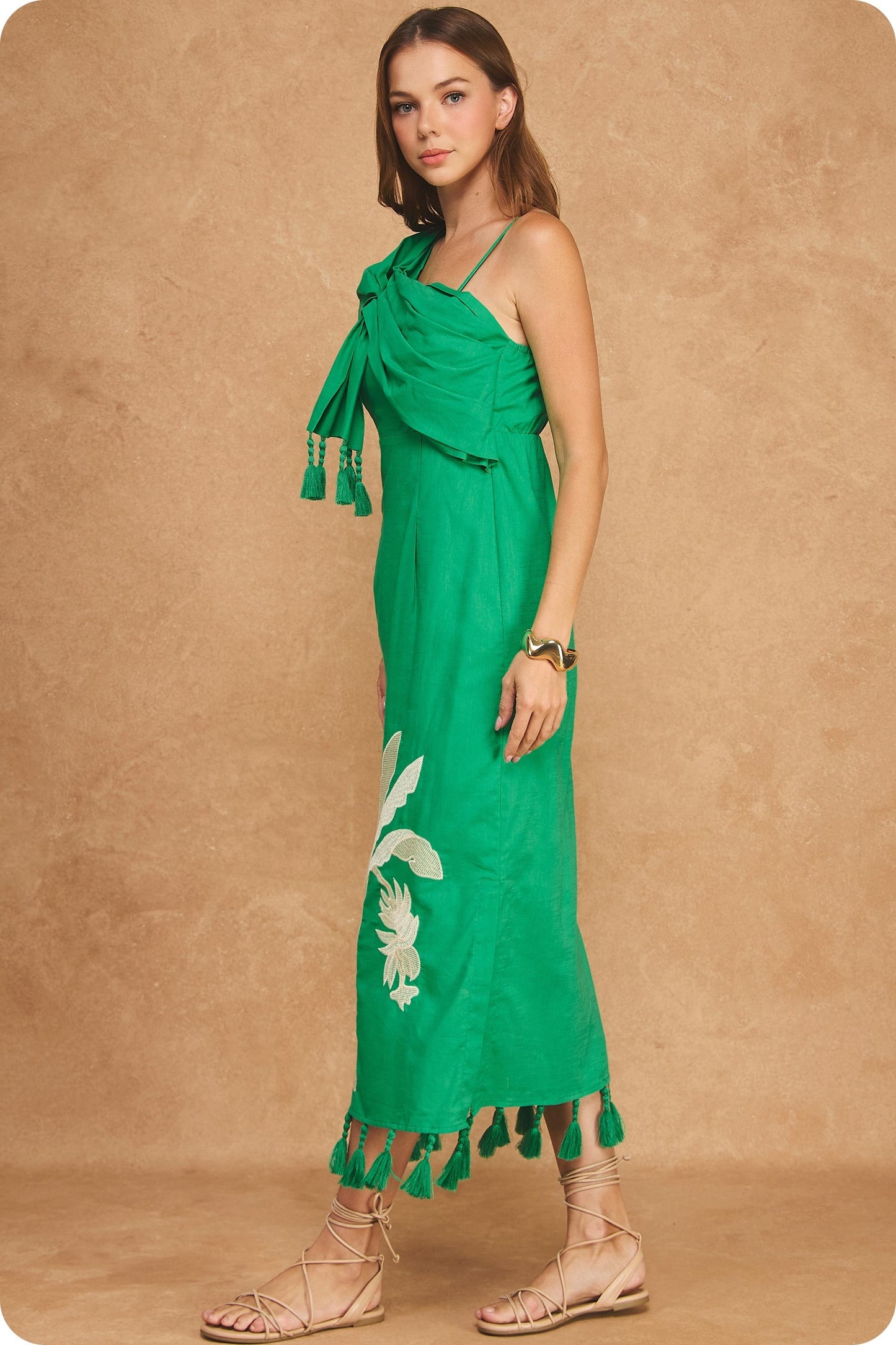 Paloma Tropical Palm Embroidered Tassel Midi Dress