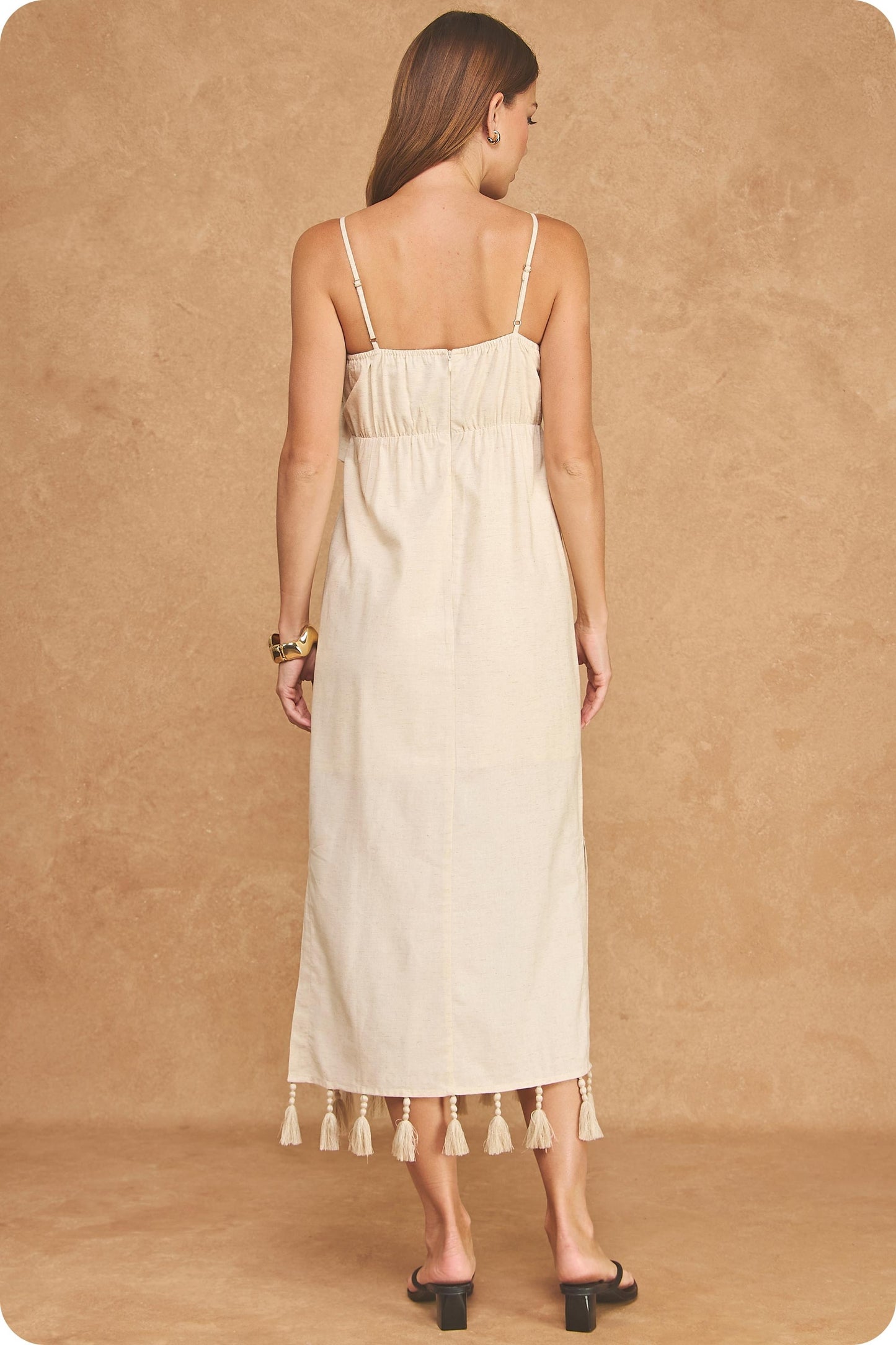 Paloma Tropical Palm Embroidered Tassel Midi Dress