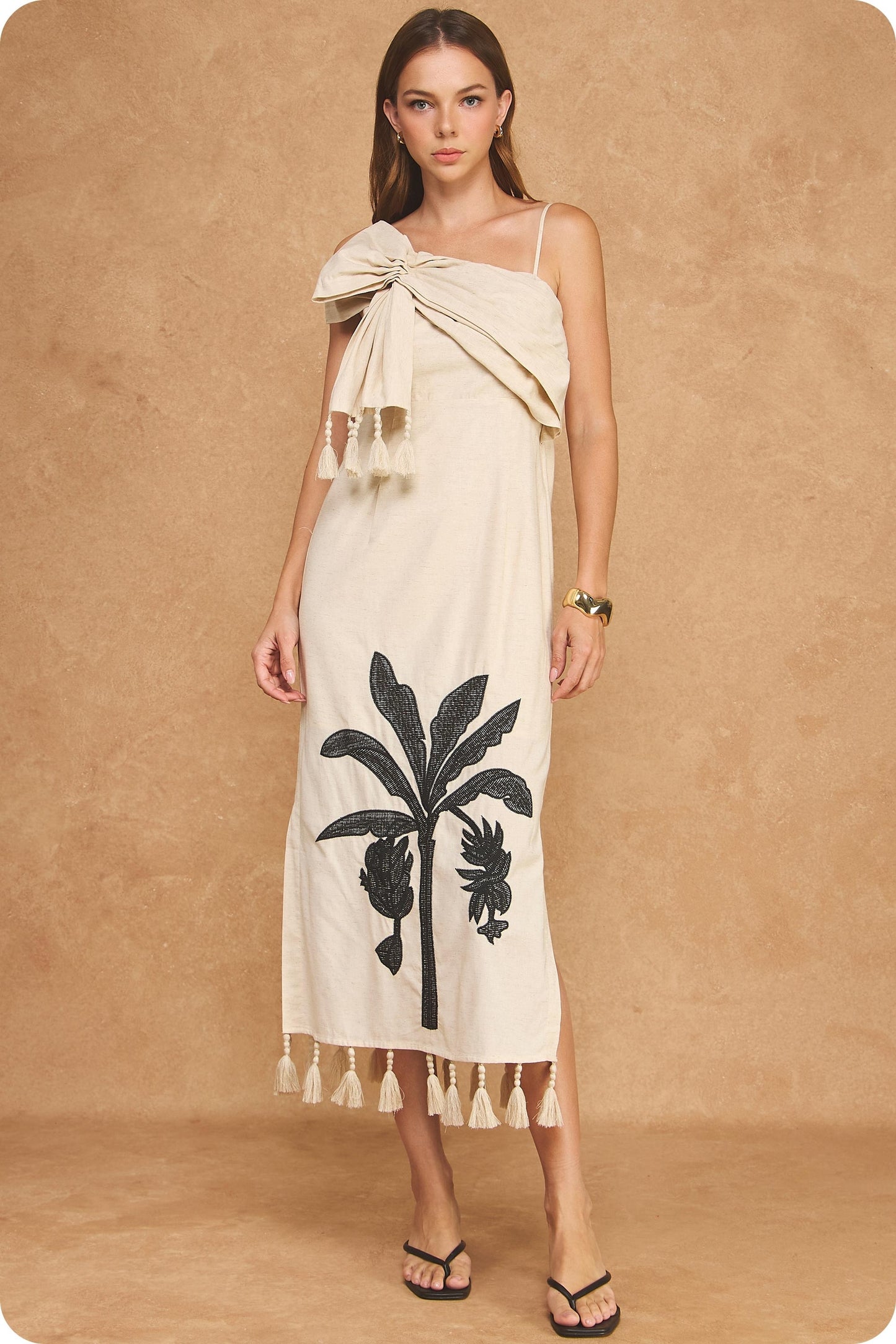 Paloma Tropical Palm Embroidered Tassel Midi Dress