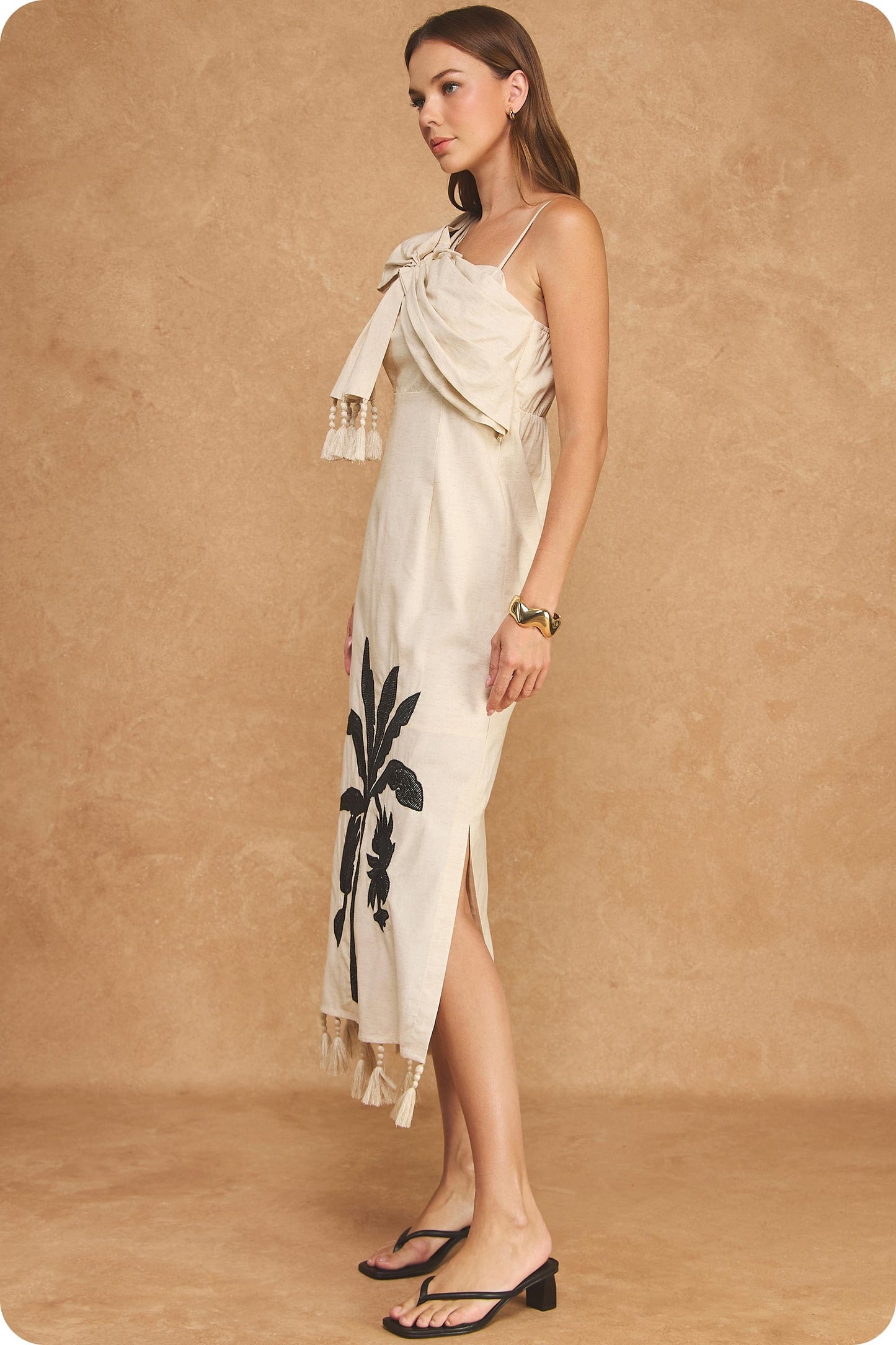 Paloma Tropical Palm Embroidered Tassel Midi Dress