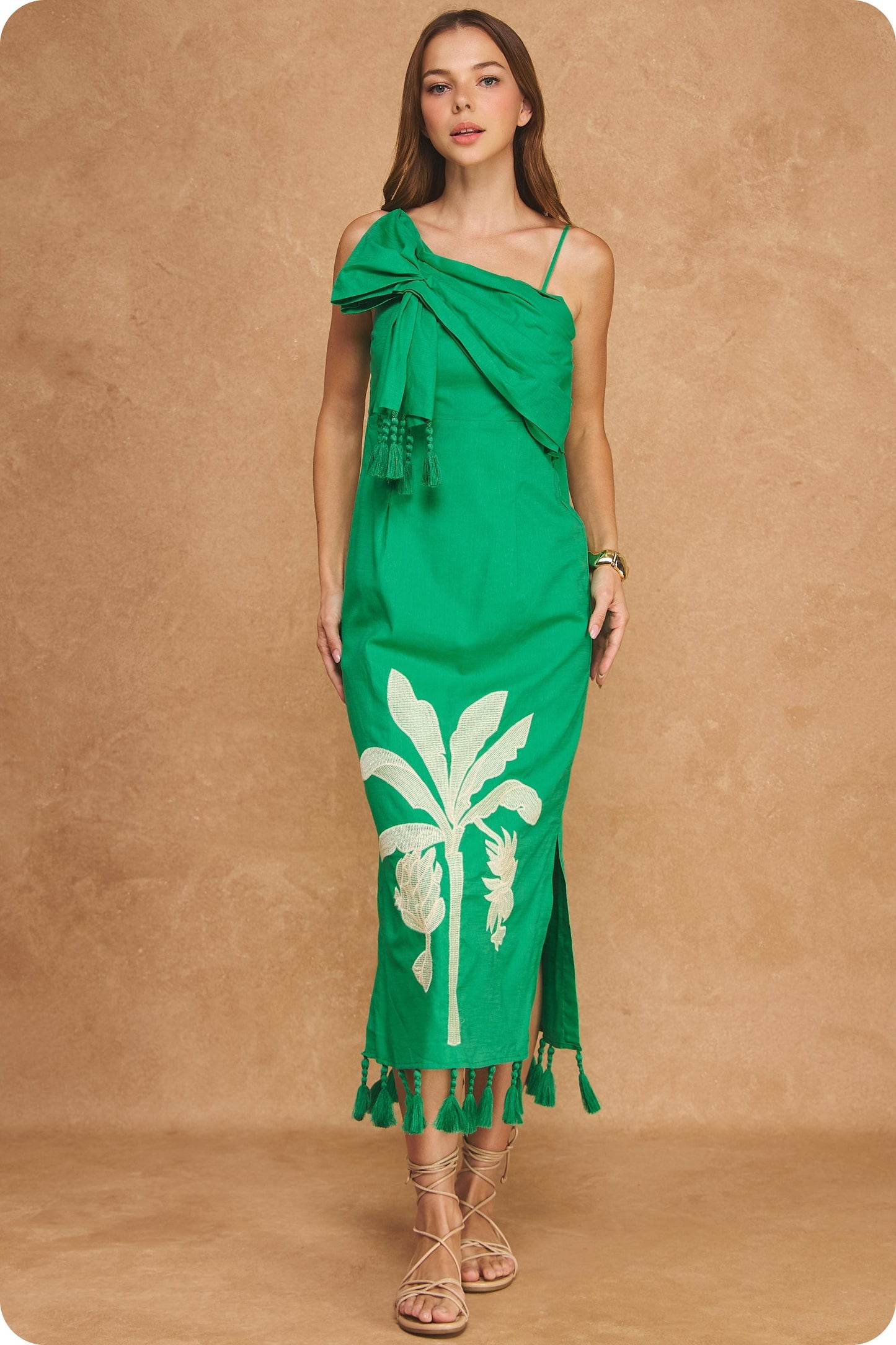 Paloma Tropical Palm Embroidered Tassel Midi Dress