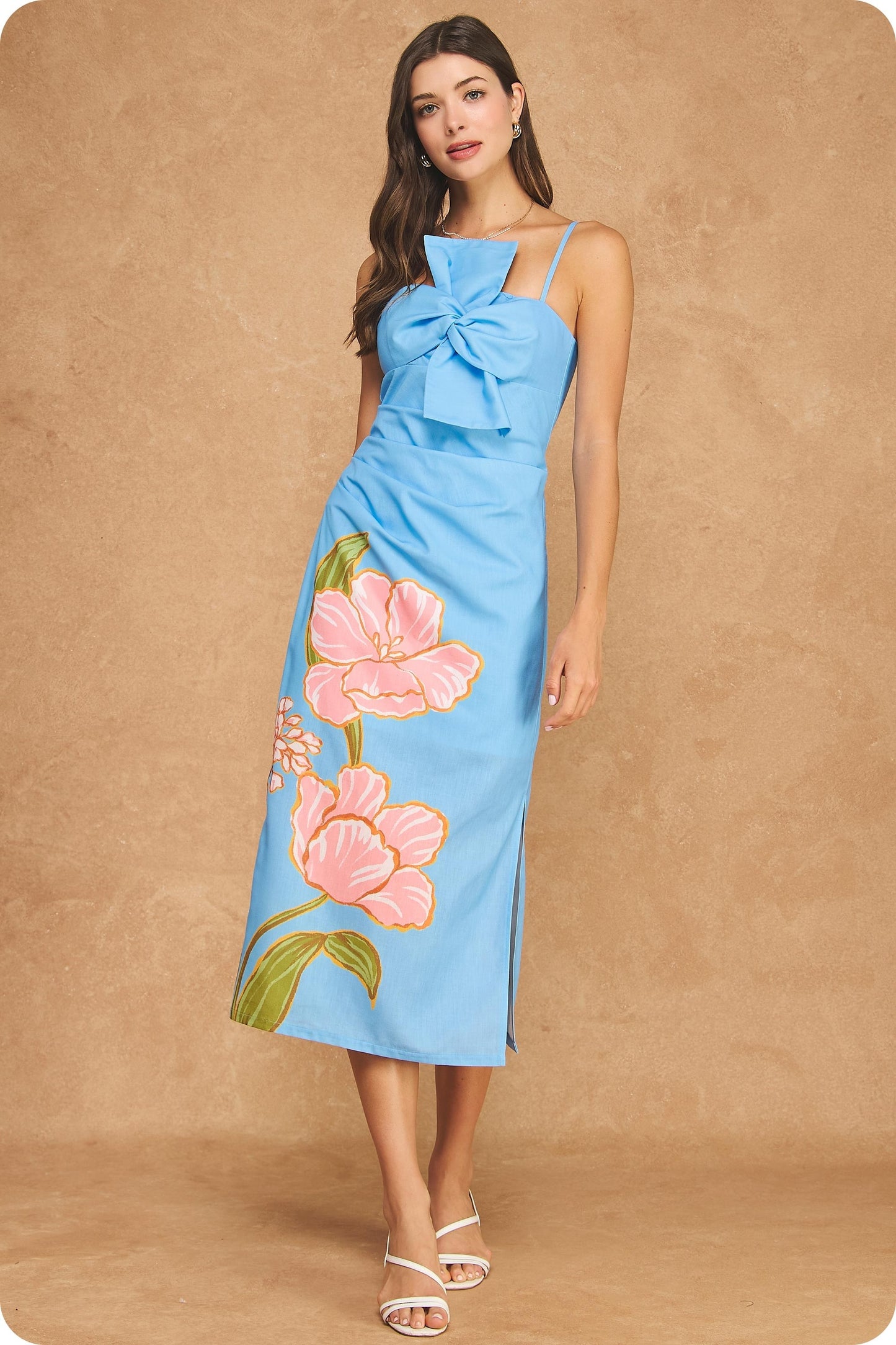 Danielle Watercolor Bloom Bow Midi Dress
