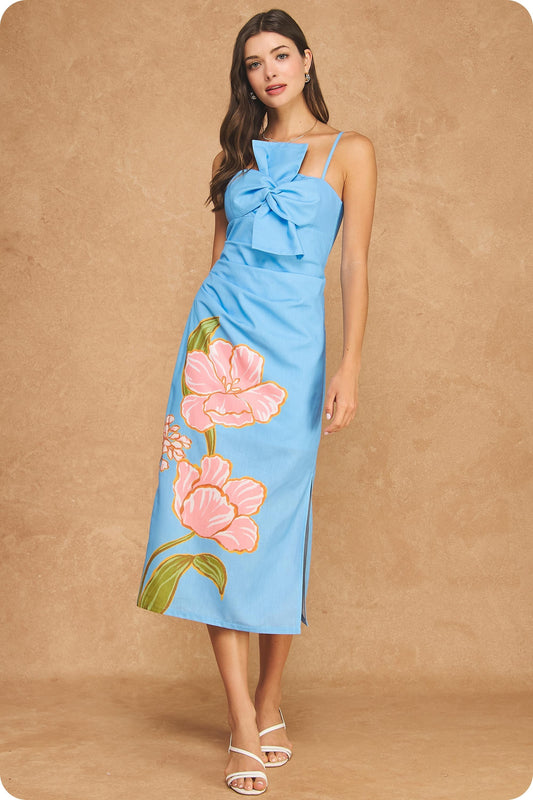 Danielle Watercolor Bloom Bow Midi Dress