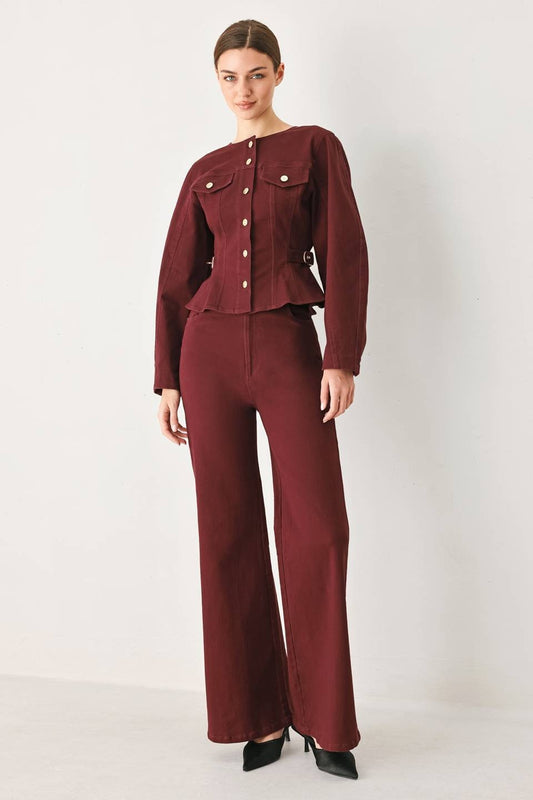 Woven cotton-blend jacket featuring a round neckline, long sleeves, and a classic button-front closure with a clean, tailored silhouette.