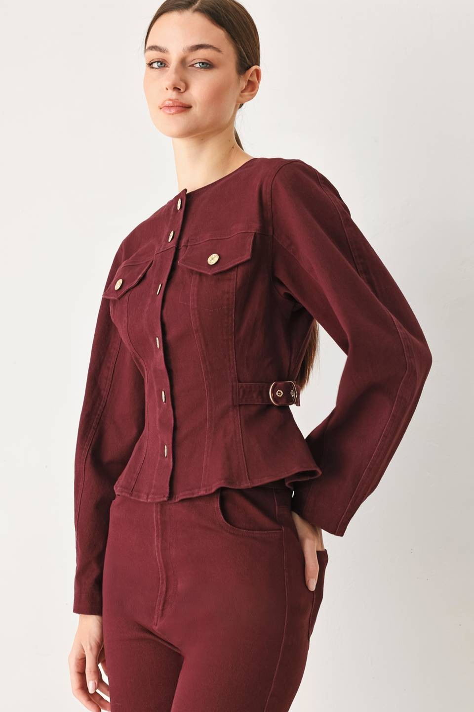Woven cotton-blend jacket featuring a round neckline, long sleeves, and a classic button-front closure with a clean, tailored silhouette.