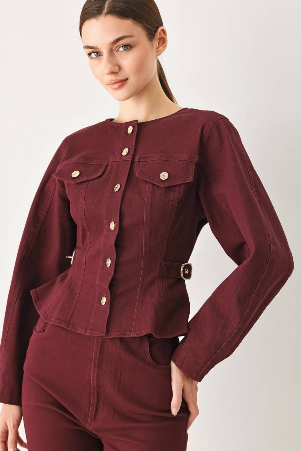 Woven cotton-blend jacket featuring a round neckline, long sleeves, and a classic button-front closure with a clean, tailored silhouette.