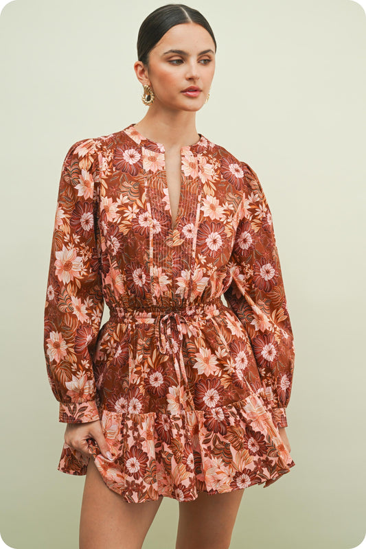 Rust Bloom Tie-Waist Mini Dress