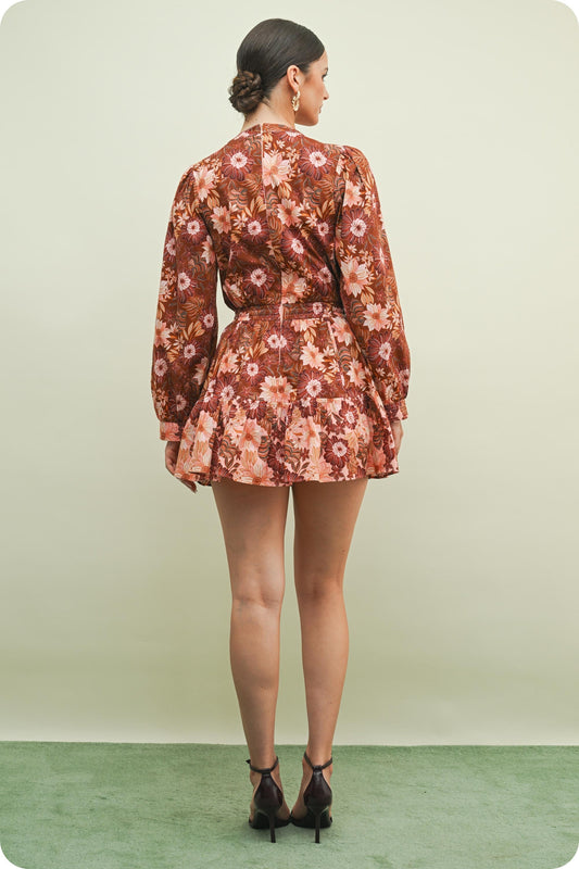 Rust Bloom Tie-Waist Mini Dress