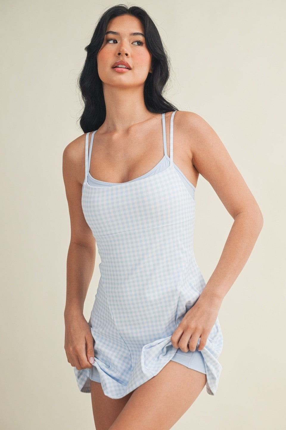 Gingham print double layered dress with built-in shorts