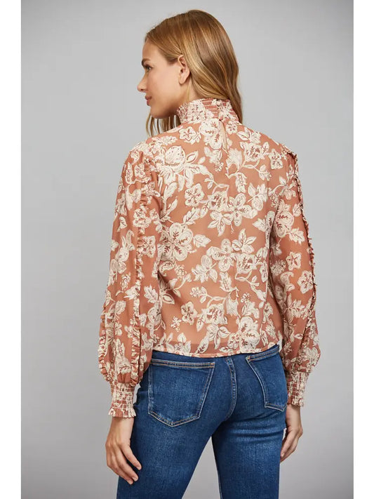 Latte Floral Pleated High-Neck Blouse