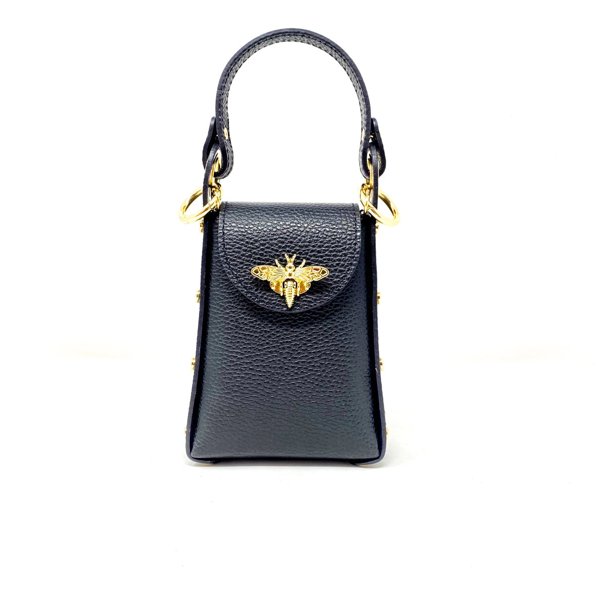 Black handbag with gold bee emblem on a white background