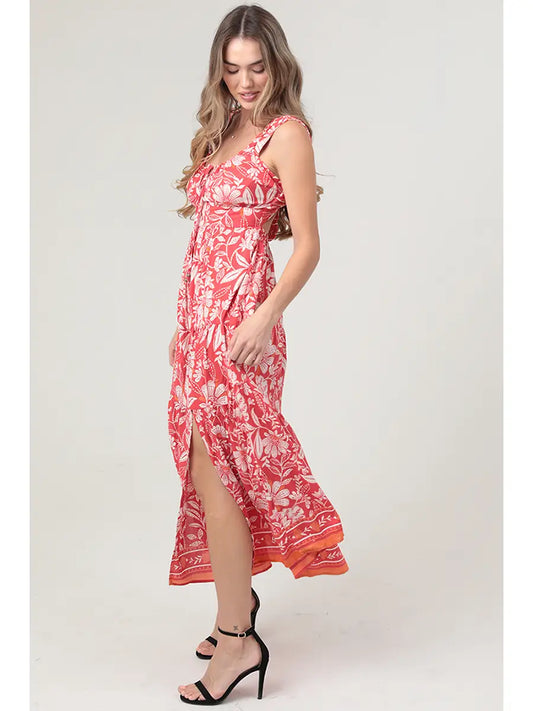 Bohemian floral maxi dress featuring an open back and side slit