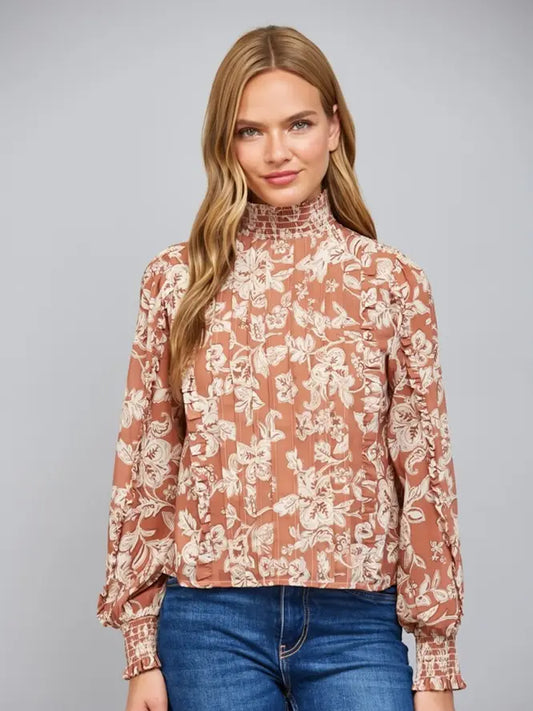 Latte Floral Pleated High-Neck Blouse