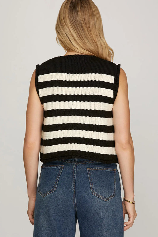 The Ottilie sweater vest updates classic stripes with a sleeveless button-down knit design.