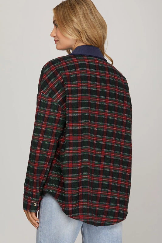 The Thessaly shacket combines classic plaid with a contrast collar for a modern layering essential.