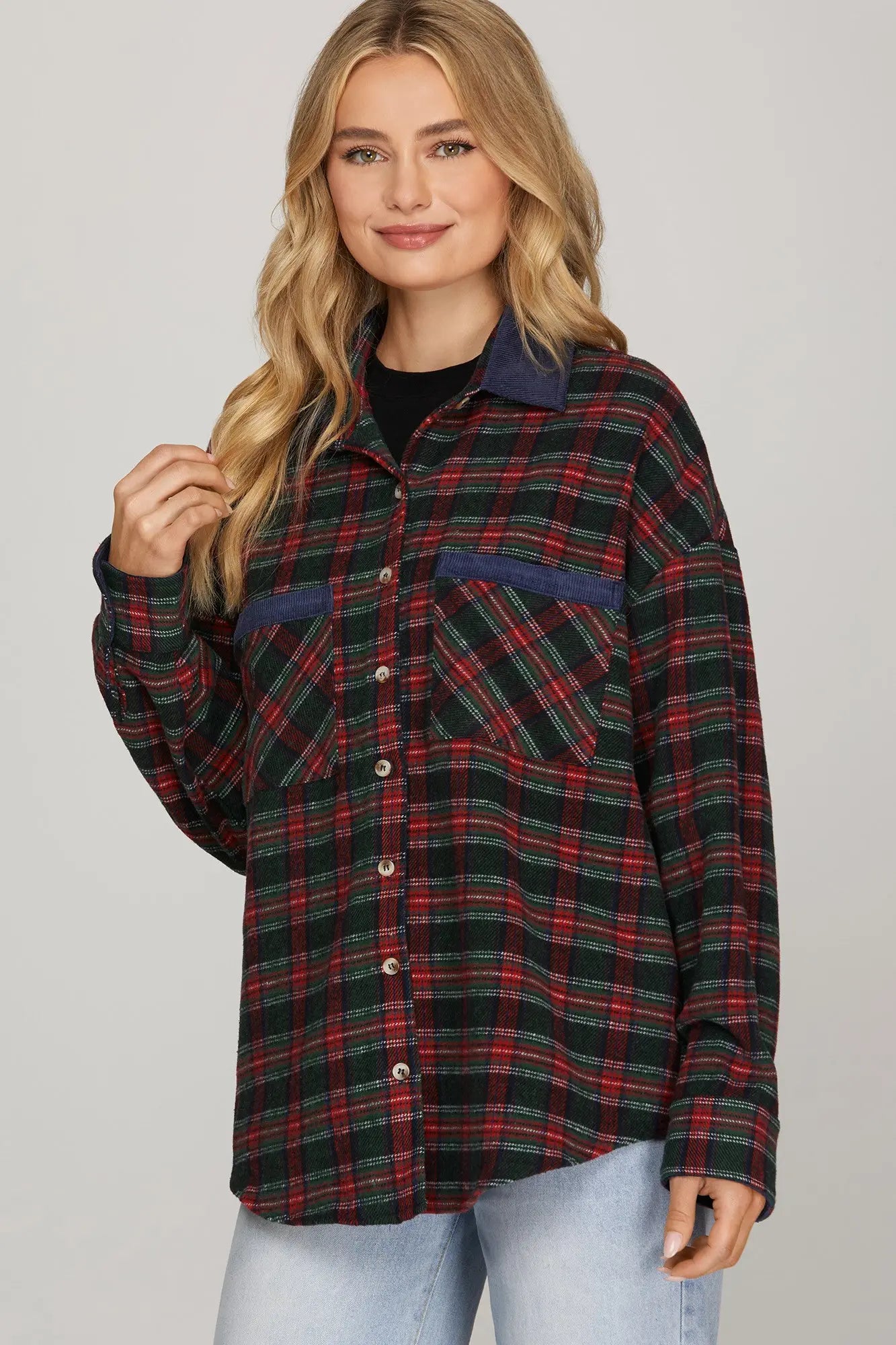 The Thessaly shacket combines classic plaid with a contrast collar for a modern layering essential.