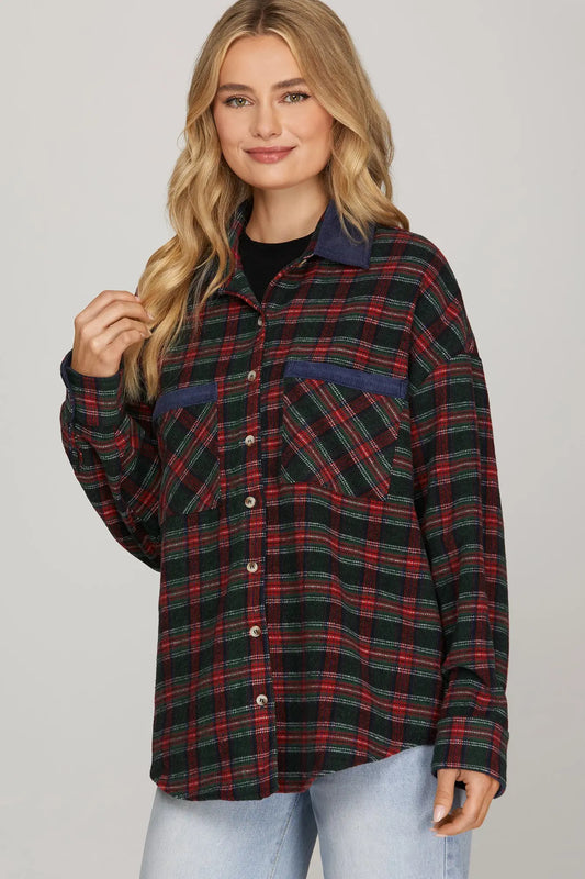 The Thessaly shacket combines classic plaid with a contrast collar for a modern layering essential.