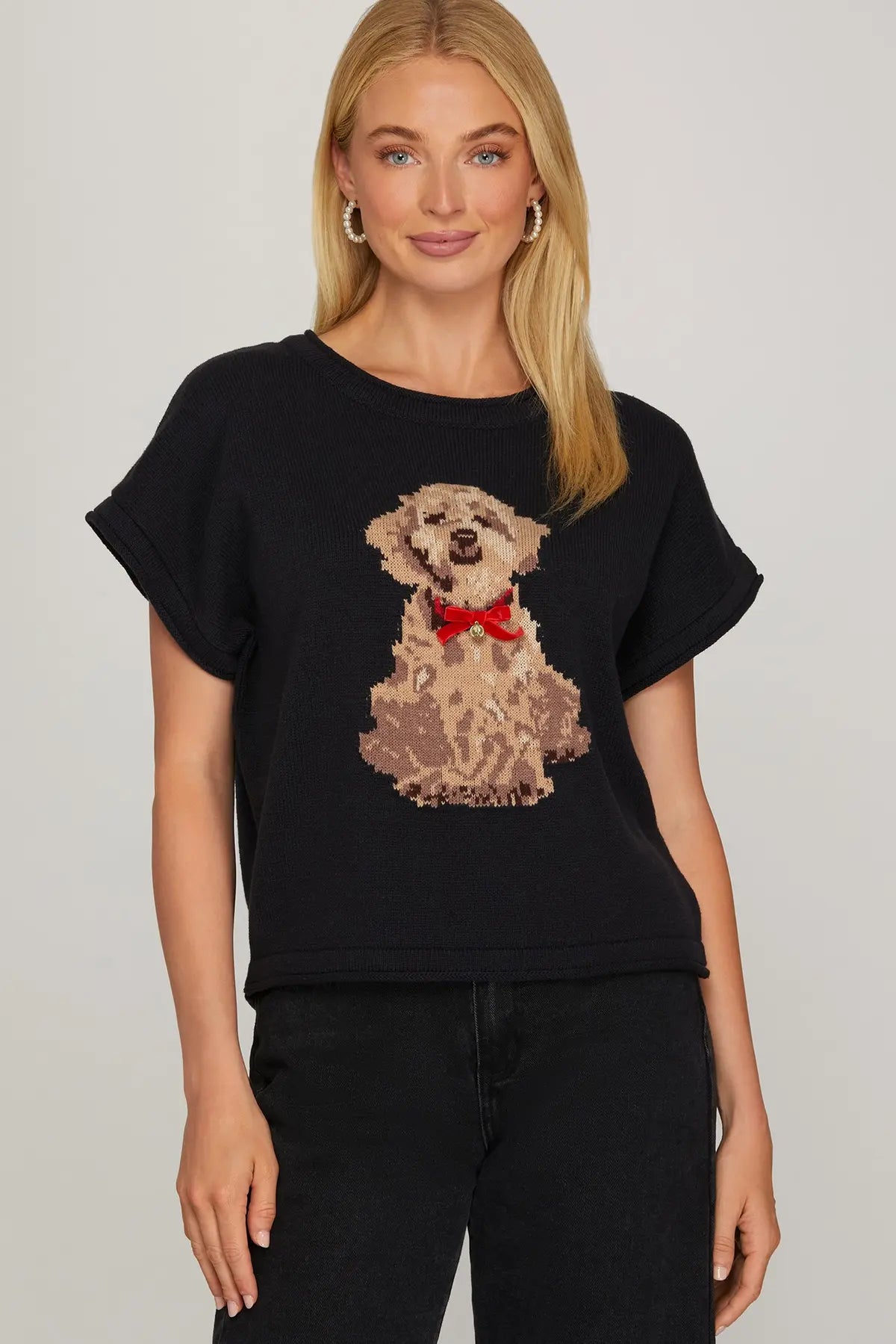 The Maribel Puppy Knit Sweater Top brings playful charm and cozy comfort together in a soft, relaxed silhouette.