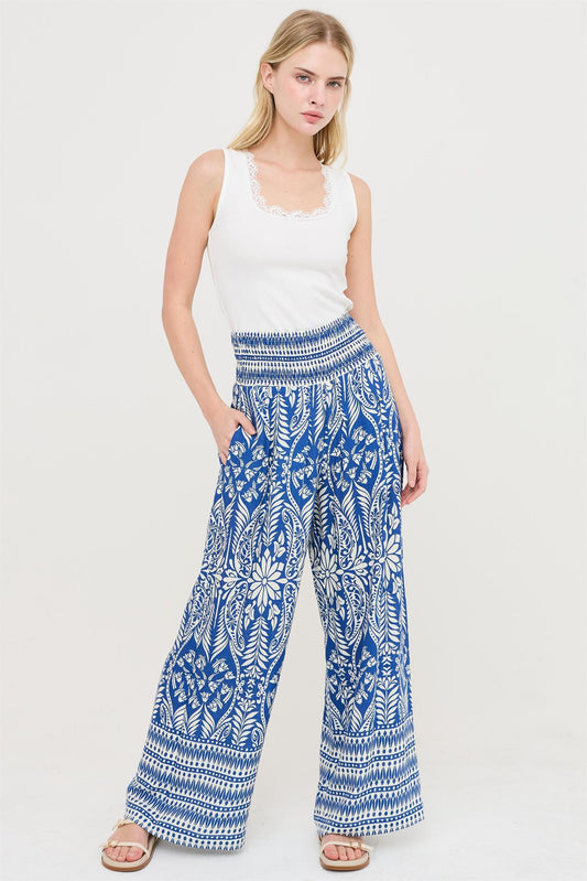 smocked waist floral print pants