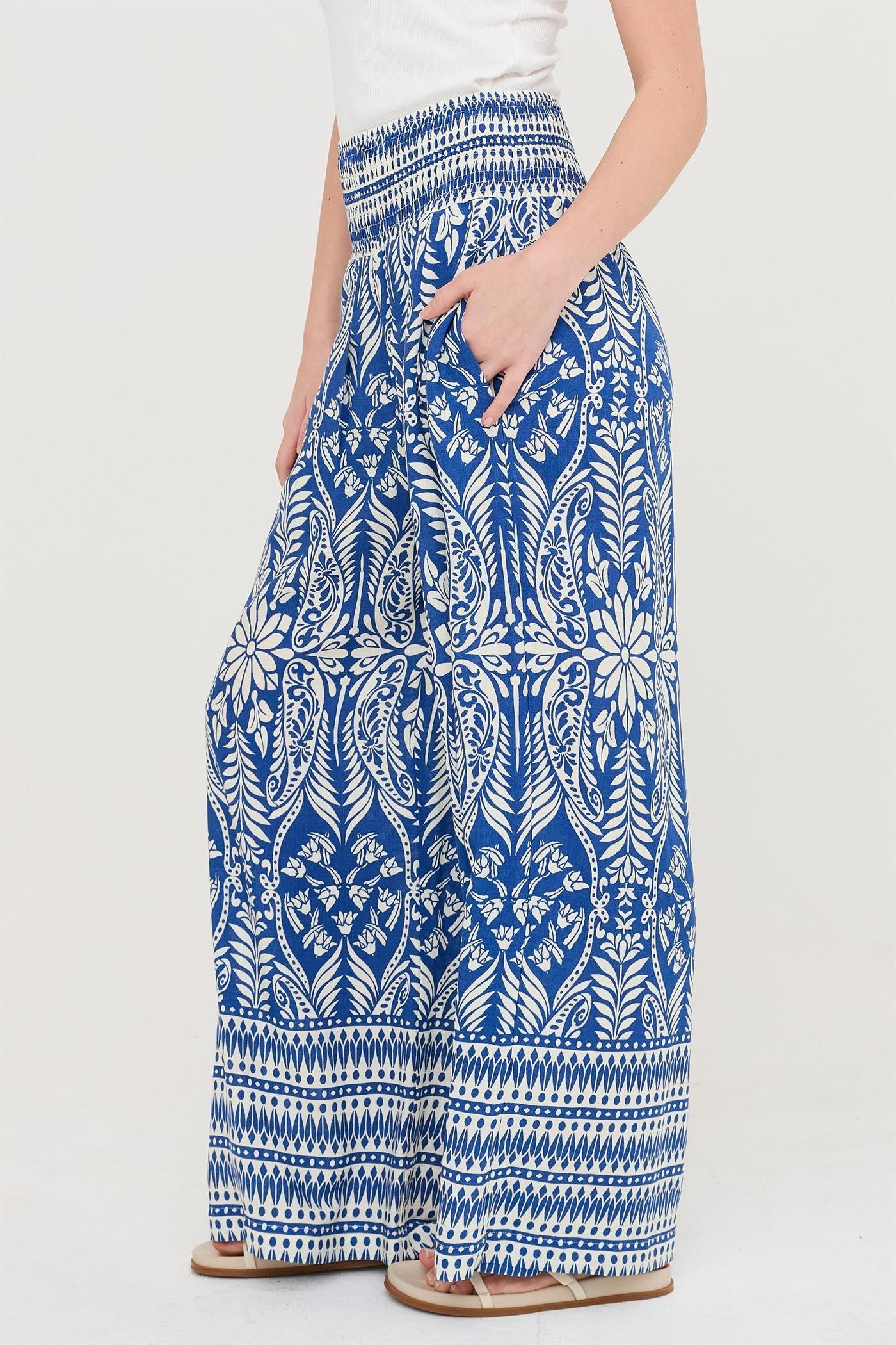 smocked waist floral print pants