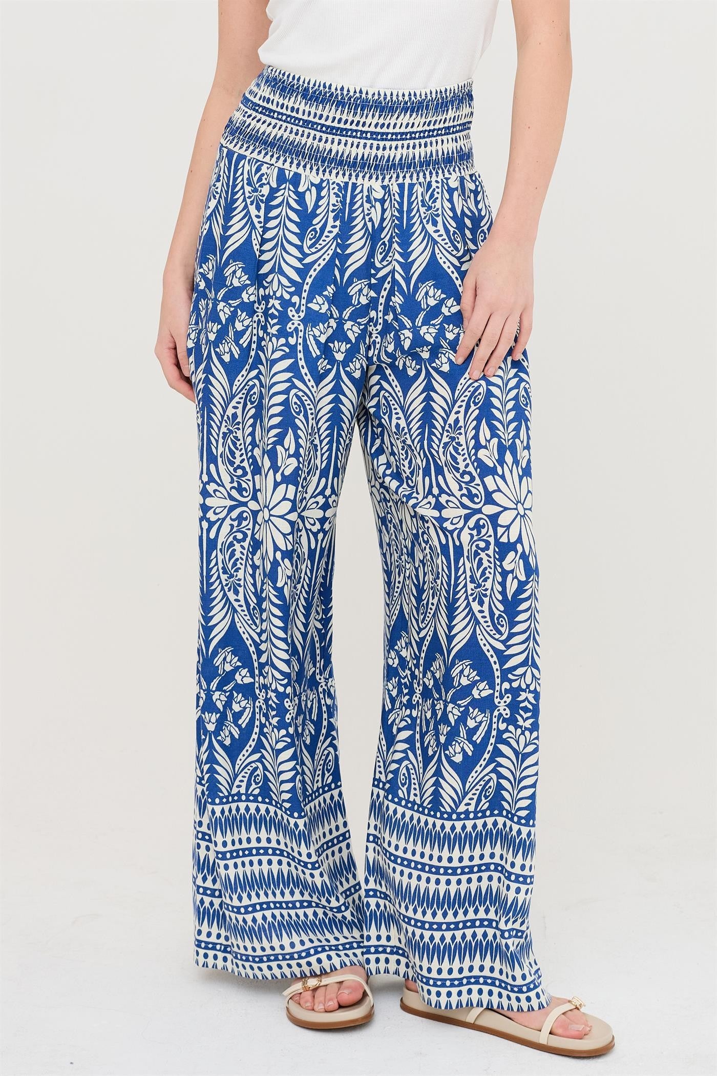 smocked waist floral print pants