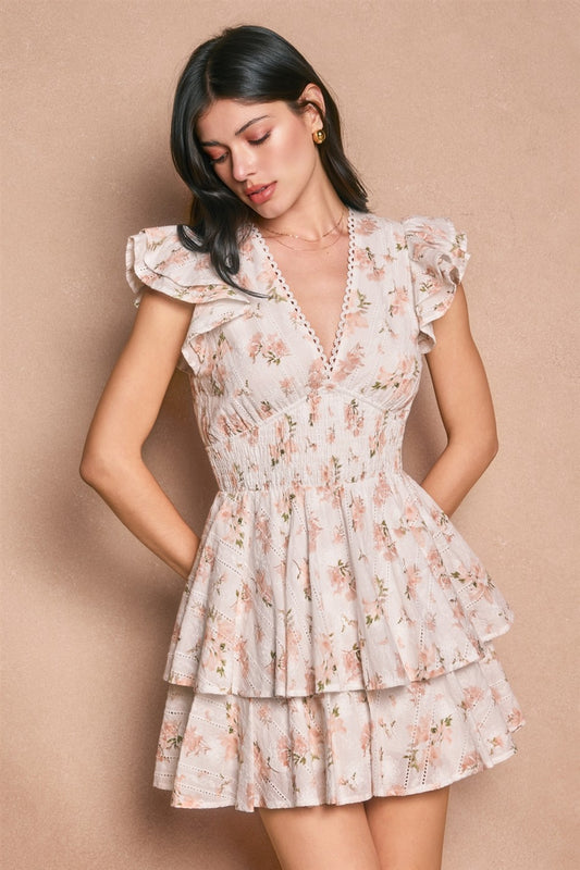 Floral striped eyelet mini dress with flutter sleeves