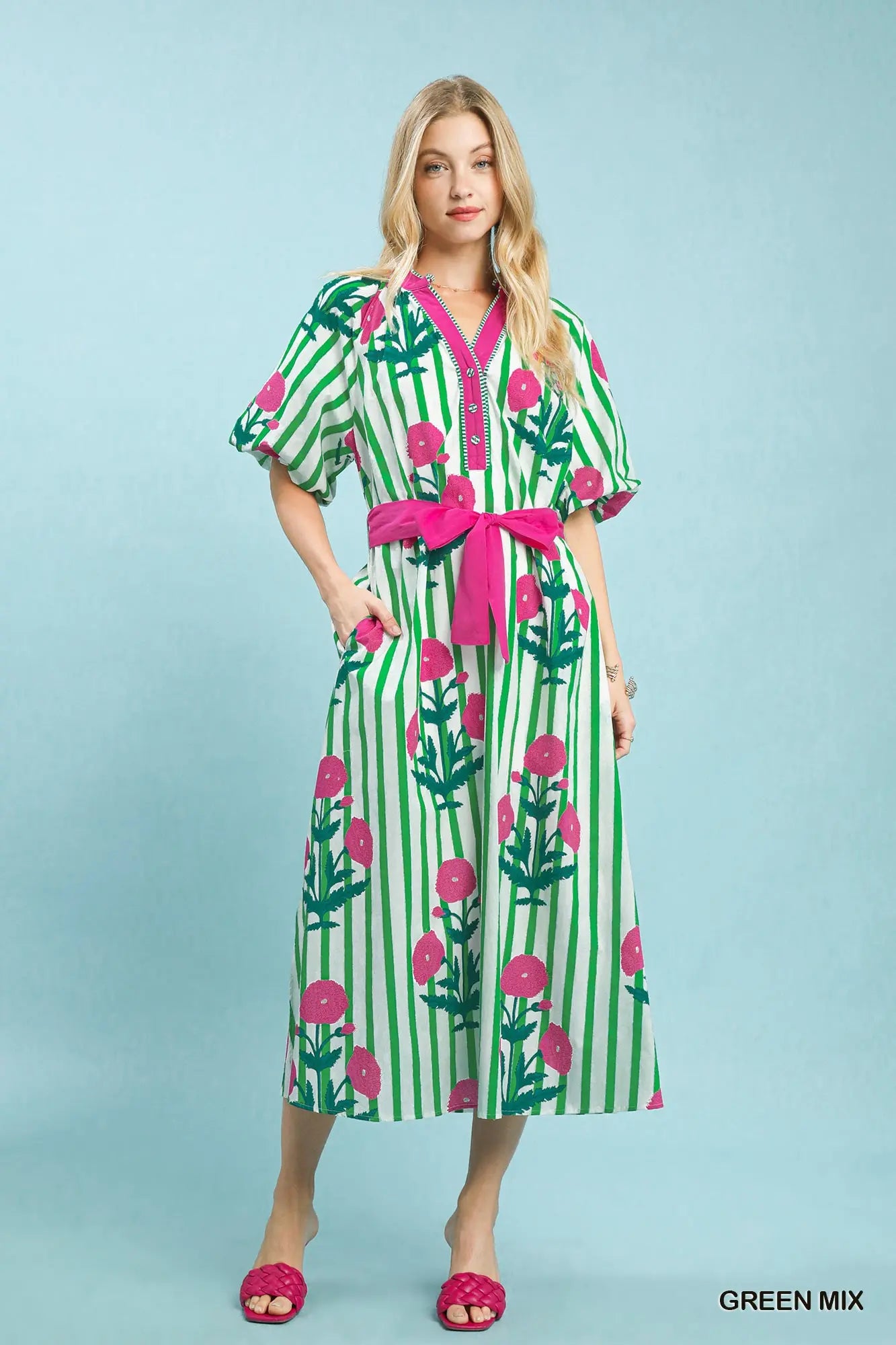 Striped Floral Maxi Dress with split V-neck and sash waist tie