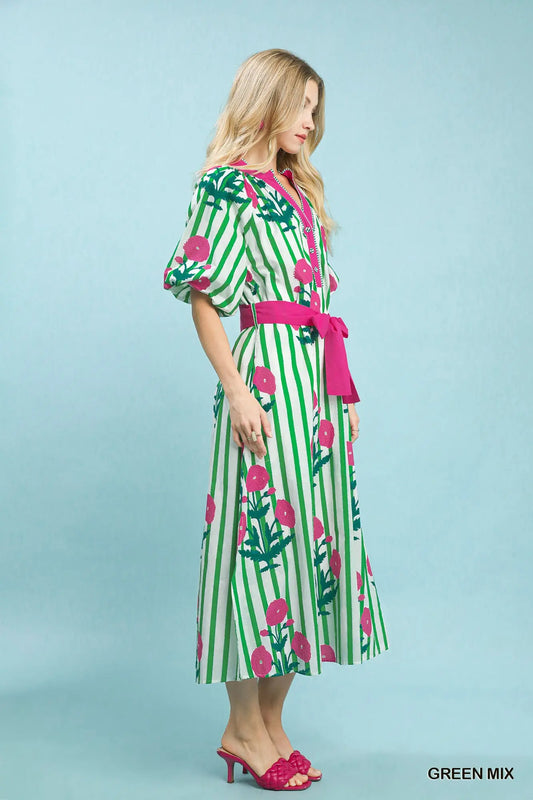 Striped Floral Maxi Dress with split V-neck and sash waist tie