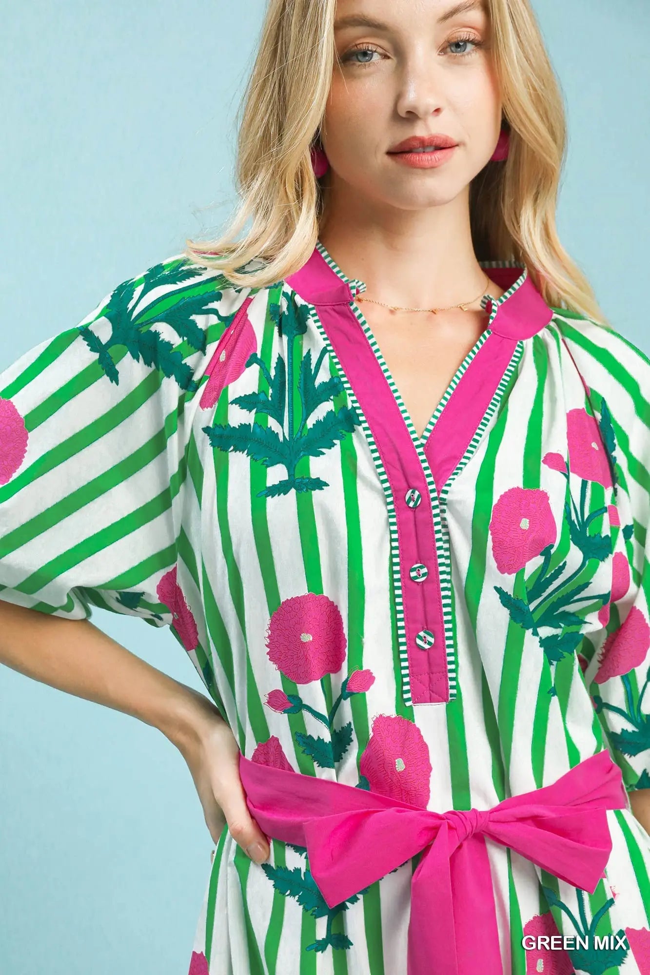 Striped Floral Maxi Dress with split V-neck and sash waist tie