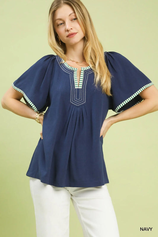 Isabell Contrast Trim Flutter Sleeve Babydoll Top