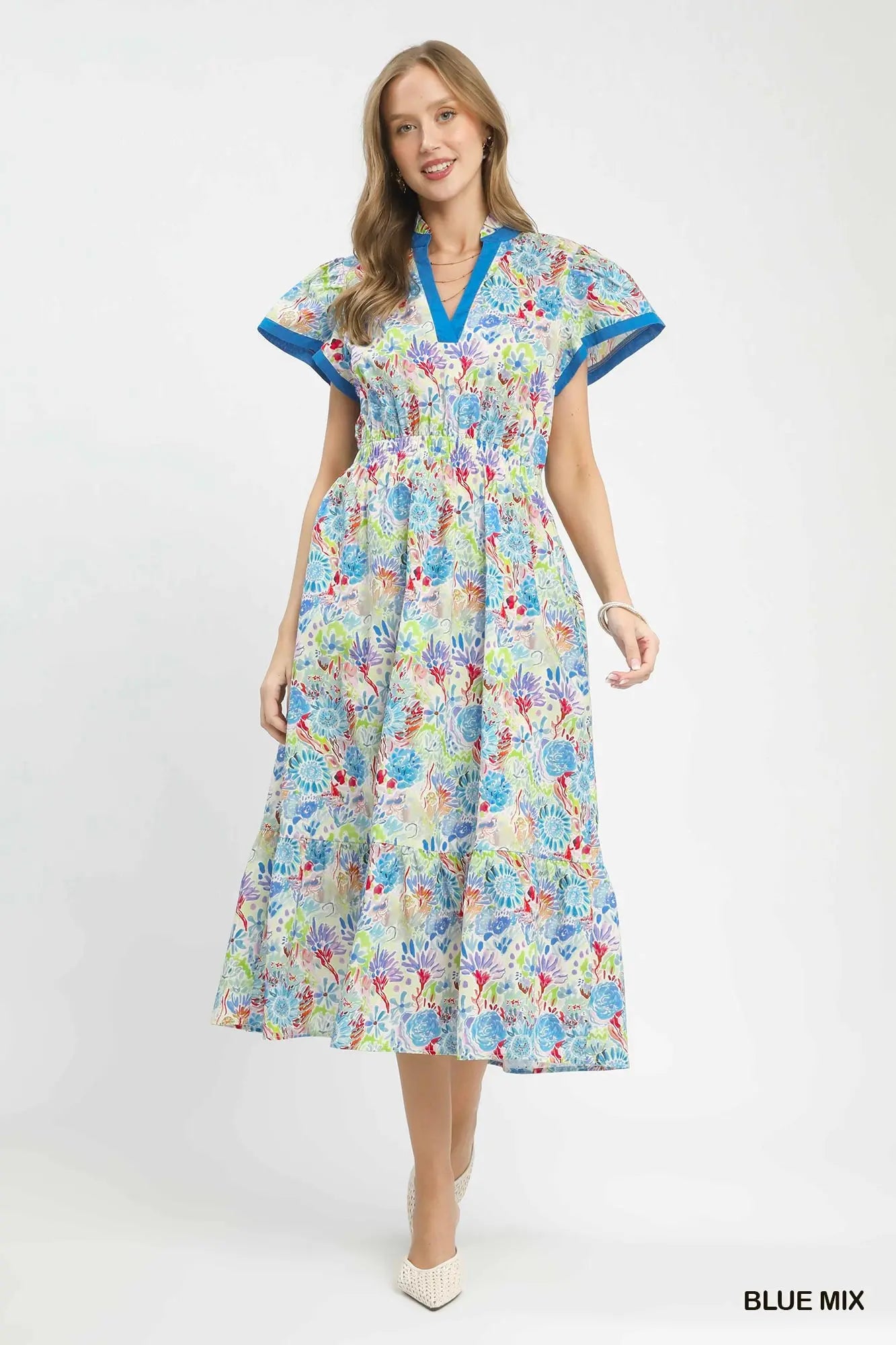 cotton midi dress featuring an abstract print, tiered skirt, and contrast trim details