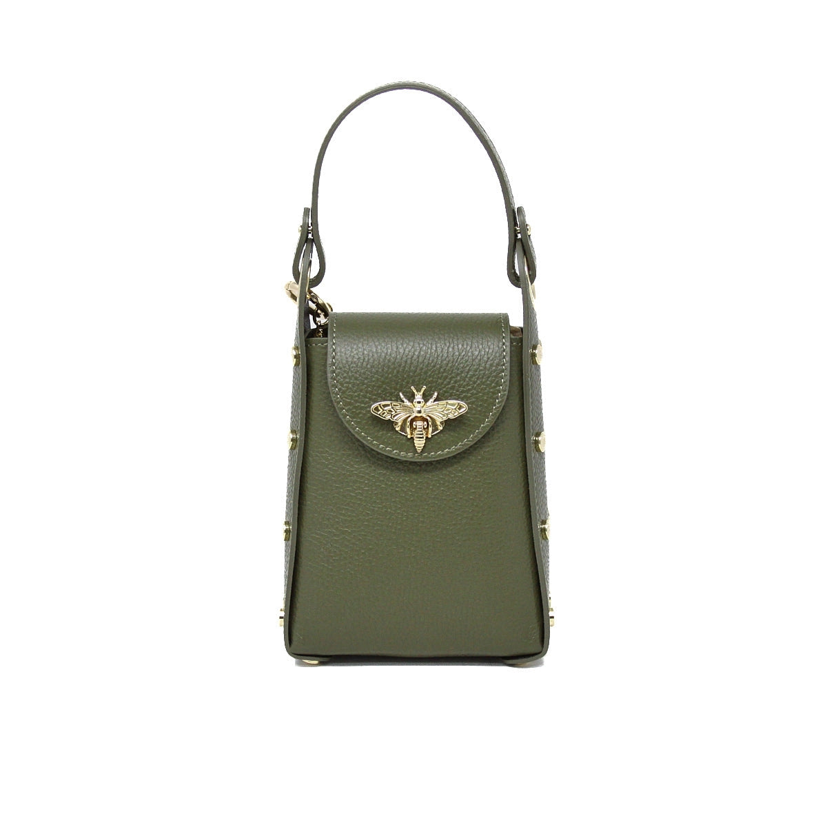 An olive green pebbled leather handbag with a top handle, featuring a gold-tone bee emblem on the front flap and gold-tone studs along the sides, set against a plain white background.