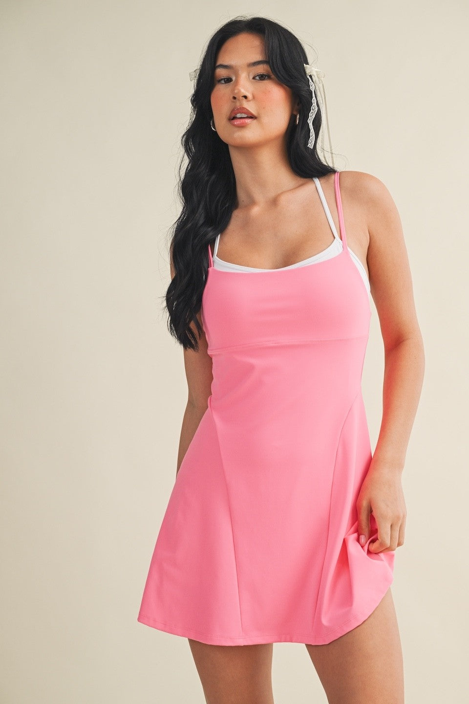 Hot pink double layered dress with built-in shorts